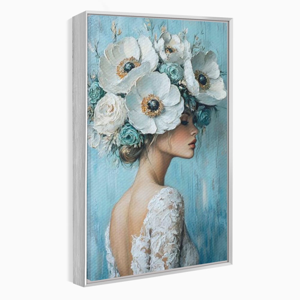 Tablou canvas cu tablou canvas cu femeie si flori, in rama de aluminiu argintiu
